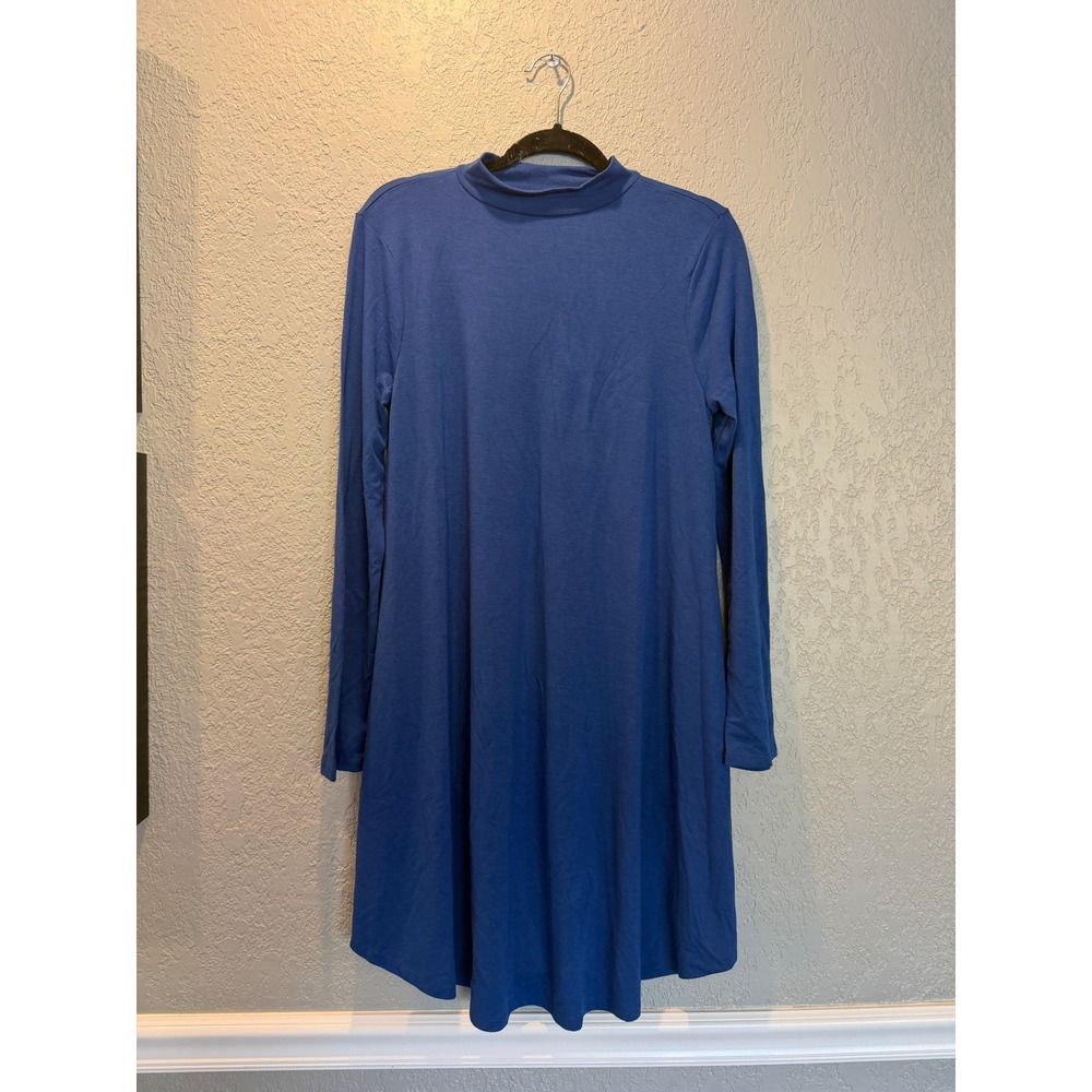 Zenana Premium Blue Mock Neck Long Sleeve Swing Dress with Pockets Large